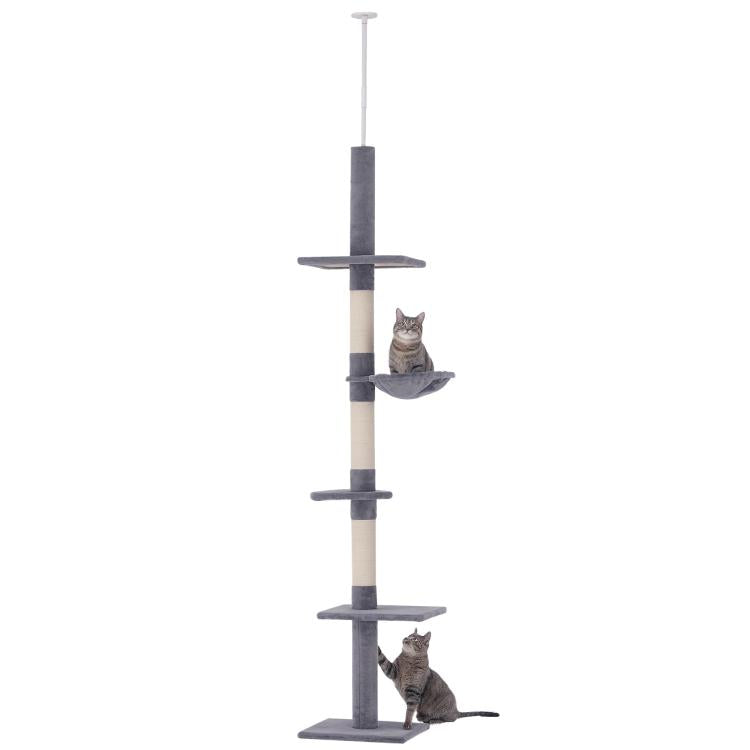 Gray floor-to-ceiling cat tree with platforms, perches, and scratching posts