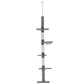 Gray cat tree tower with multiple horizontal scratching platforms and posts