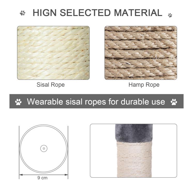 Close-up of sisal and hemp scratching ropes wrapped around the cat tree post
