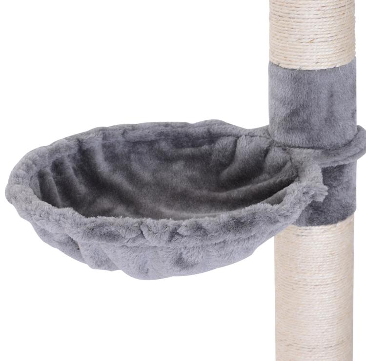 Gray fabric hammock perch attached to a cat tree scratching post