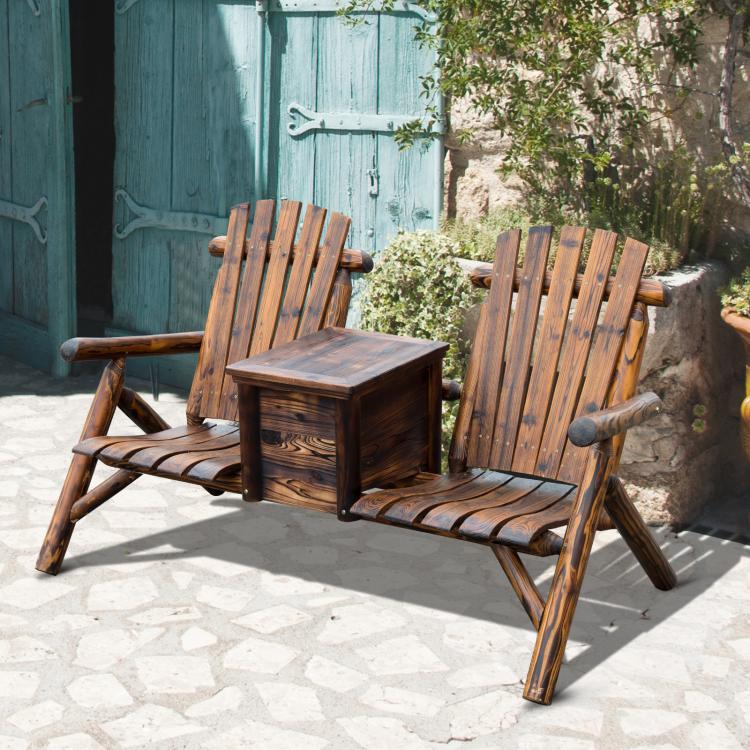 Outdoor wooden adirondack loveseat with central ice bucket table and slatted seats