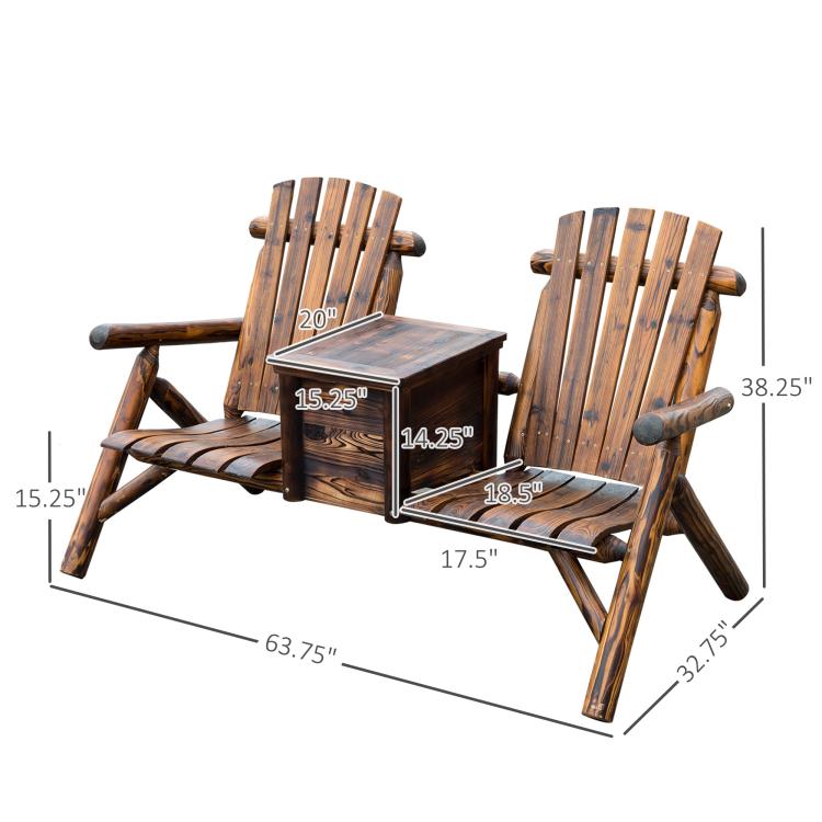 Double wooden adirondack chair with central ice bucket table, size diagram
