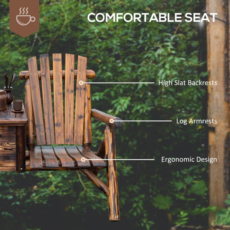 Wooden adirondack chair with high slat backrest, log armrests, ergonomic seat