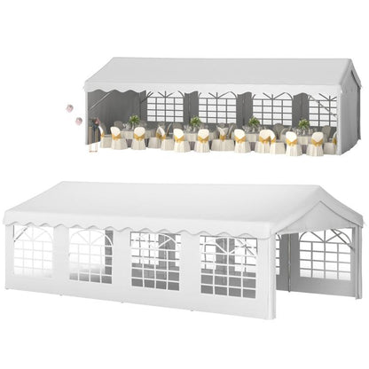 White party tent with arched window sidewalls and scalloped roof edge