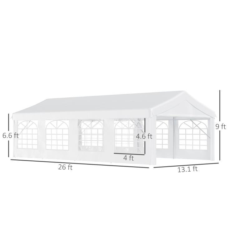 White party tent with sidewalls and windows, 13x26 ft size diagram