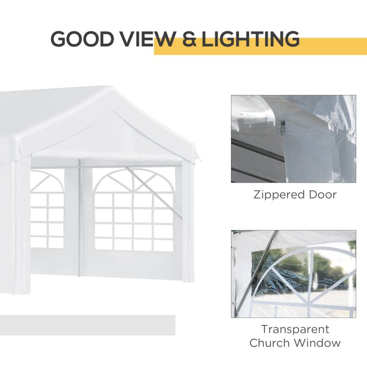 White tent with zippered door and transparent church window panels