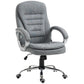 Grey upholstered high-back office chair with curved armrests and cushioned seat