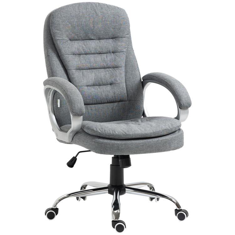 Grey upholstered high-back office chair with curved armrests and cushioned seat