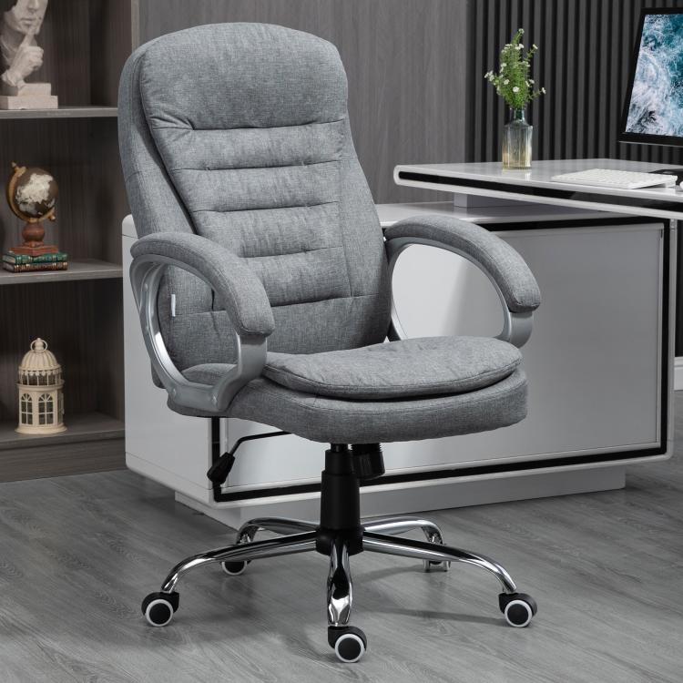 Grey high-back office chair with padded headrest, armrests, and chrome swivel casters