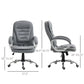 Grey office chair with high back, padded armrests, and shown size measurements