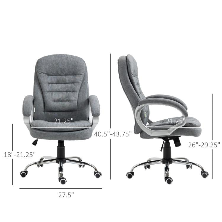 Grey office chair with high back, padded armrests, and shown size measurements
