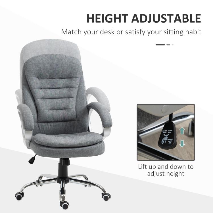 Grey high-back office chair with height-adjustable swivel base and padded seat