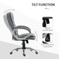 Grey high-back office chair with tilt feature, padded armrests, and swivel base