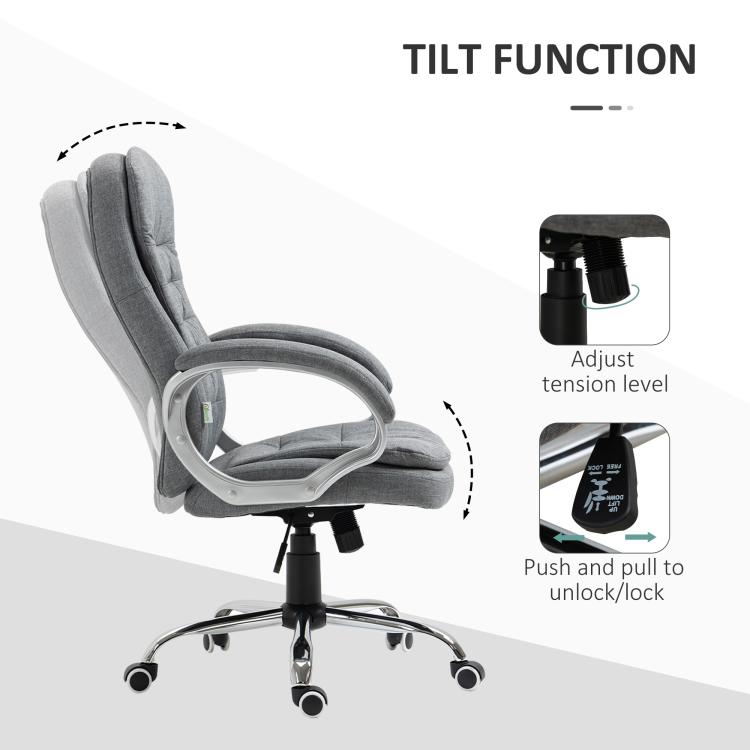 Grey high-back office chair with tilt feature, padded armrests, and swivel base