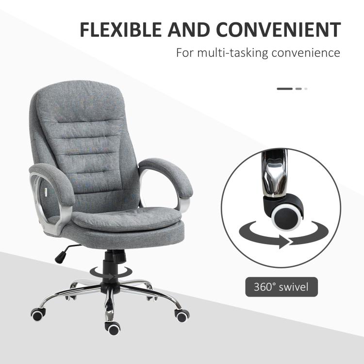 Grey office chair with 360° swivel and caster wheels under the padded seat