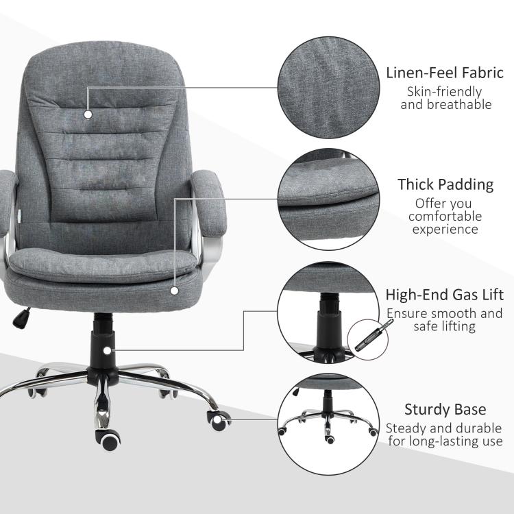 Grey upholstered high-back chair with thick padding, gas-lift base, and swivel casters