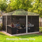 Outdoor gazebo with dark mesh sidewall netting panels and cream-framed zip doors