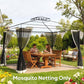 Gazebo with dark mesh sidewall netting panels and cream-trimmed zippered curtains