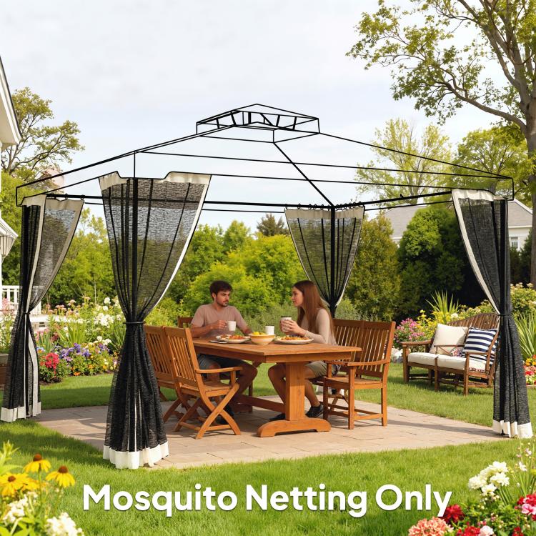 Gazebo with dark mesh sidewall netting panels and cream-trimmed zippered curtains