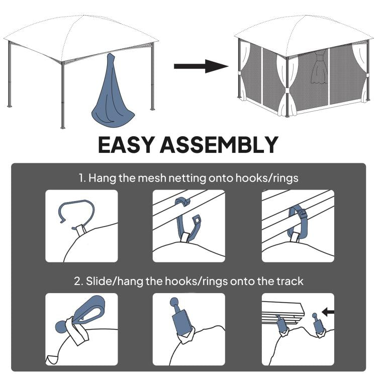Gazebo mesh sidewall netting installation with hooks and rings on a track
