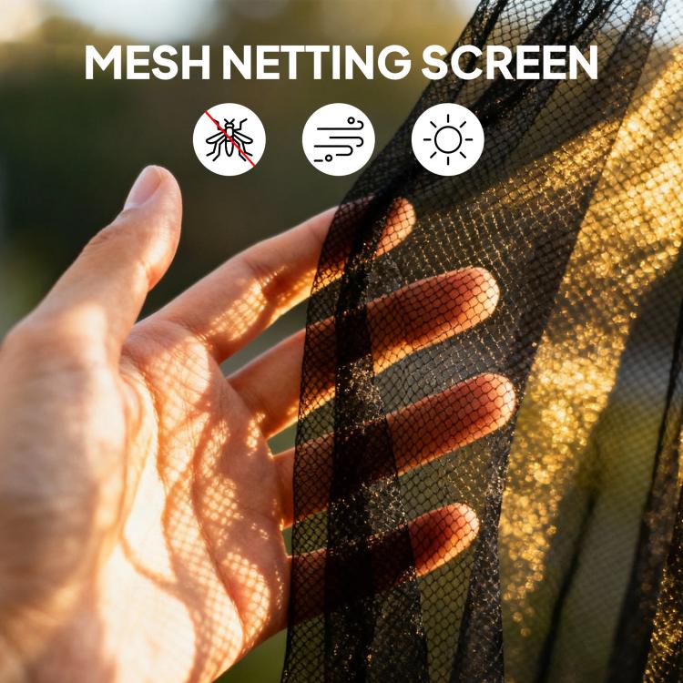 Close-up of dark mosquito mesh sidewall netting with fine net texture
