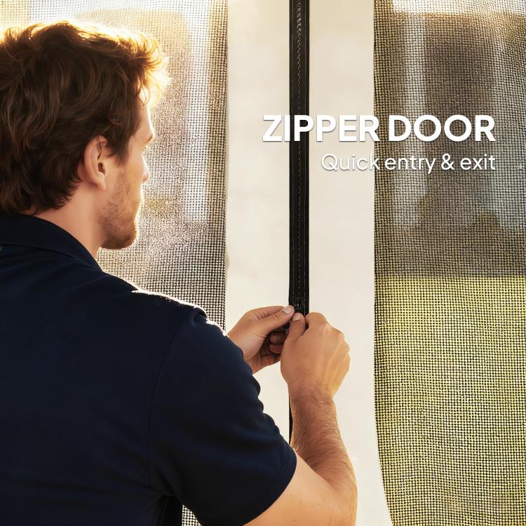 Zippered door on dark gazebo mesh sidewall netting, being opened by hand