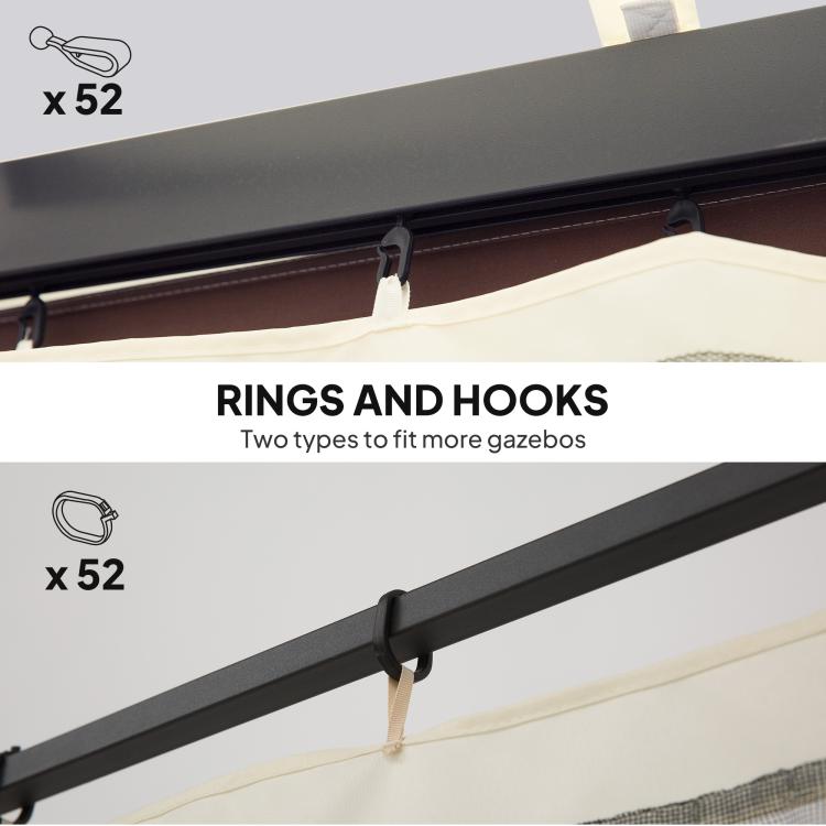 Top rail of cream gazebo mesh sidewall netting with rings and hooks