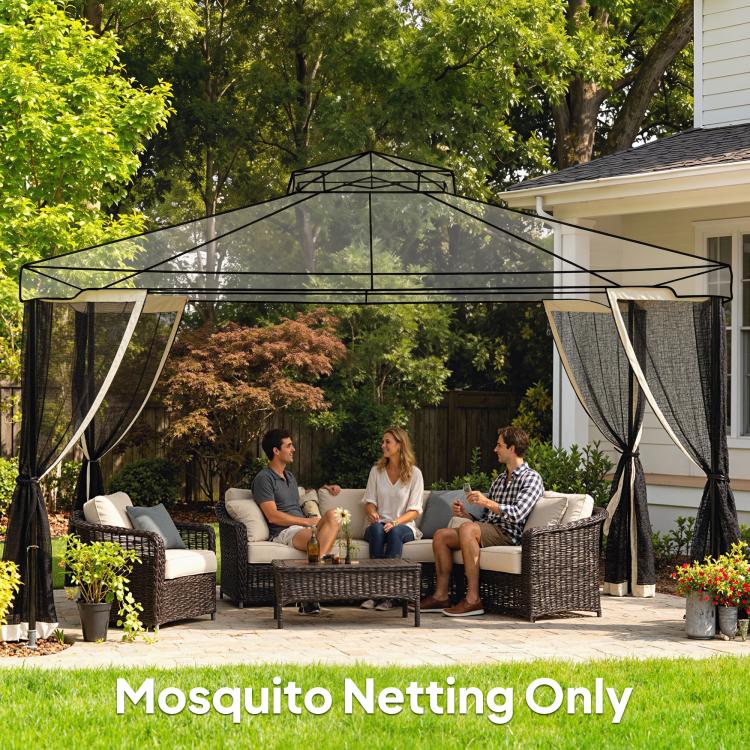 Gazebo with dark mosquito mesh sidewall netting and cream-framed zippered doors