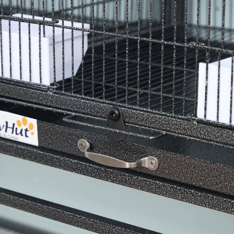 Black wire bird cage with removable metal tray and latch detail