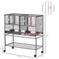 Divided metal bird cage with rolling stand shown with measurement guide