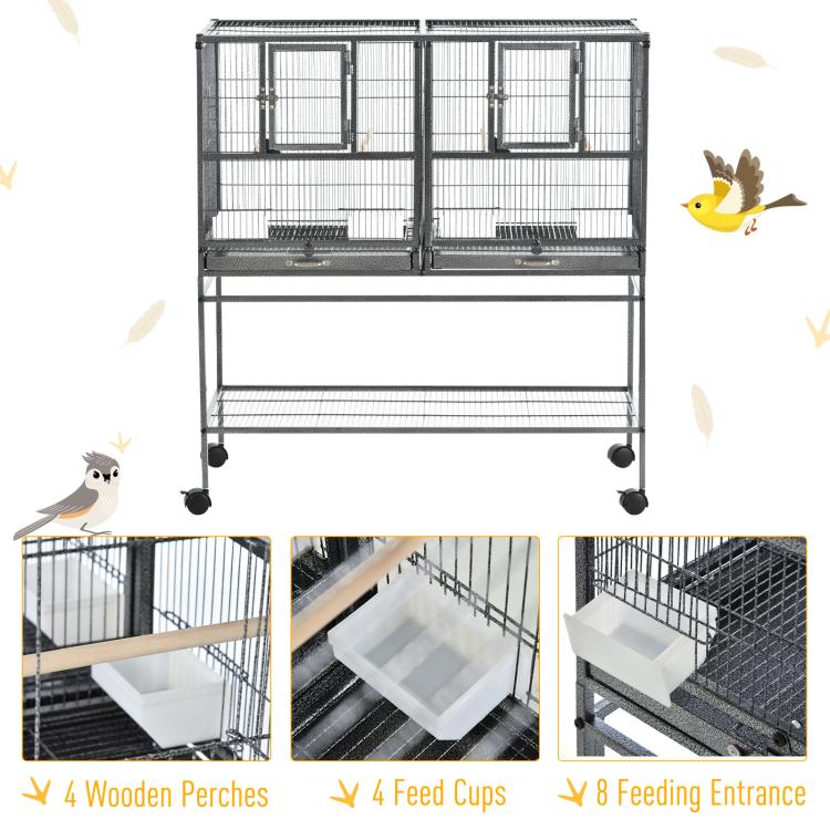 Divided metal bird cage with removable bottom tray and wood perches