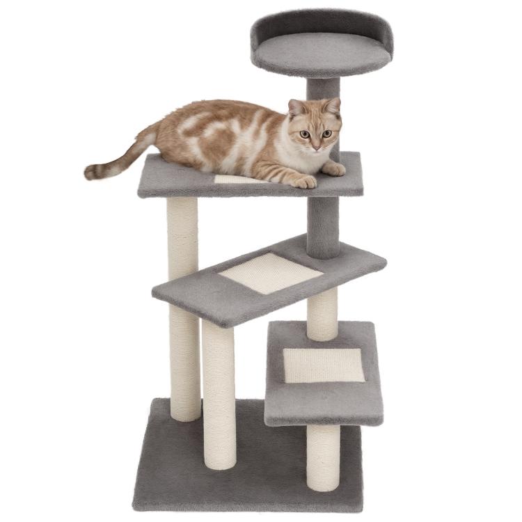 Grey 5-level revolving cat tree with round top perch and cushioned platforms