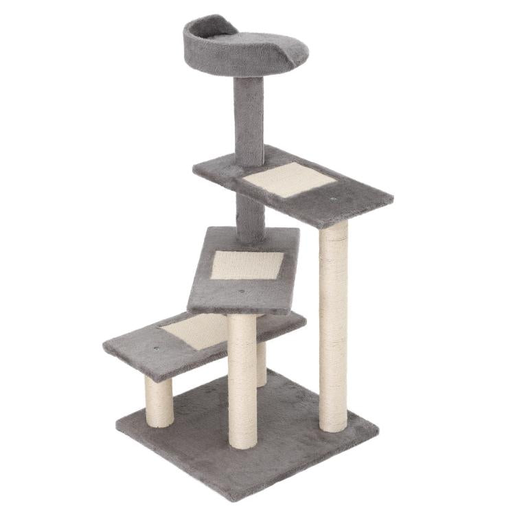 Grey cat climbing tower with three scratching platforms, stacked perches, and sisal posts