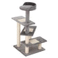 Grey 5-level cat tree with three plush perches, ladder steps, and resting platforms