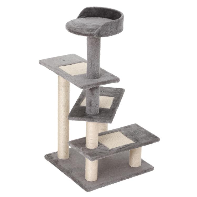 Grey 5-level cat tree with three plush perches, ladder steps, and resting platforms