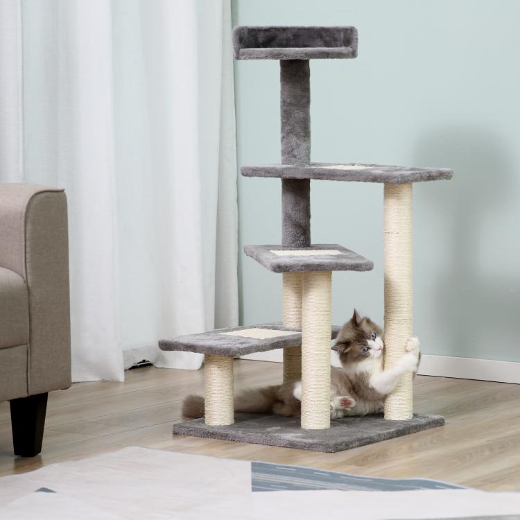 Grey cat tree tower with multiple steps, curved top perch, and vertical scratching posts