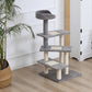 Grey 3-step cat tree tower with round top perch, plush platforms, and sisal-covered post