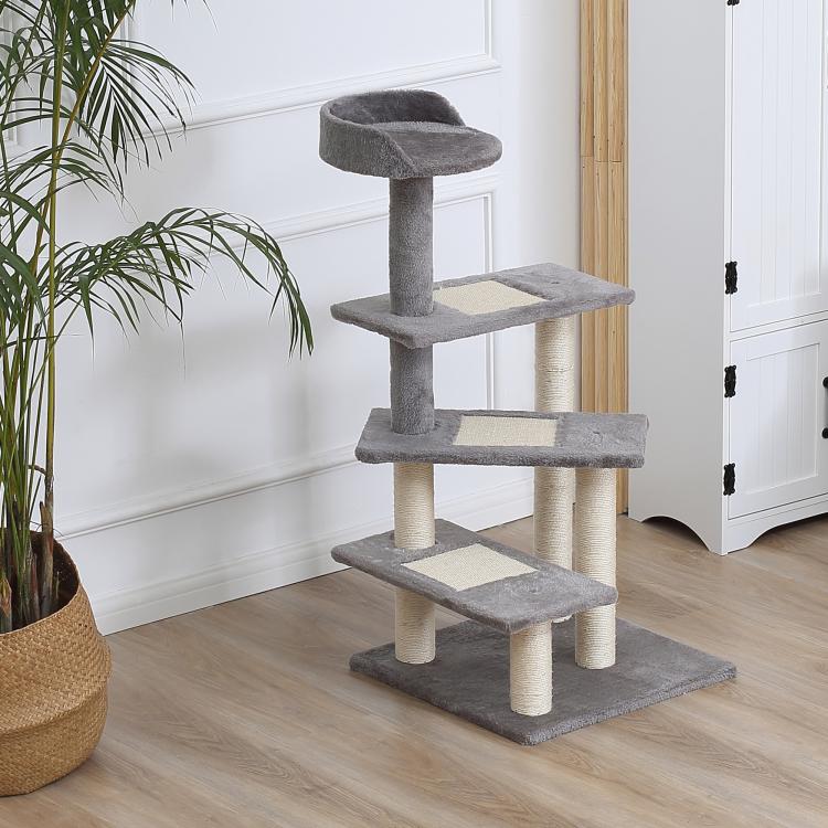 Grey 3-step cat tree tower with round top perch, plush platforms, and sisal-covered post