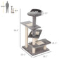Grey 5-level cat tree tower with stacked platforms and round top perch (size diagram)