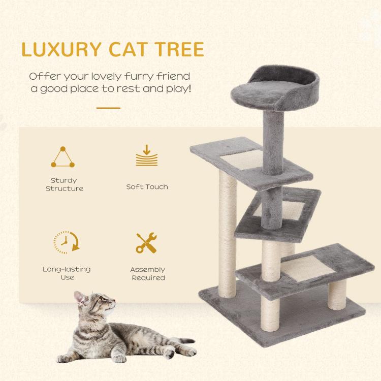 Grey cat tree tower with round top perch and three cushioned steps on sisal posts