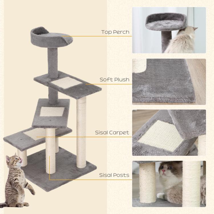 Grey cat tree with plush top perch, sisal posts, and three carpeted scratching platforms