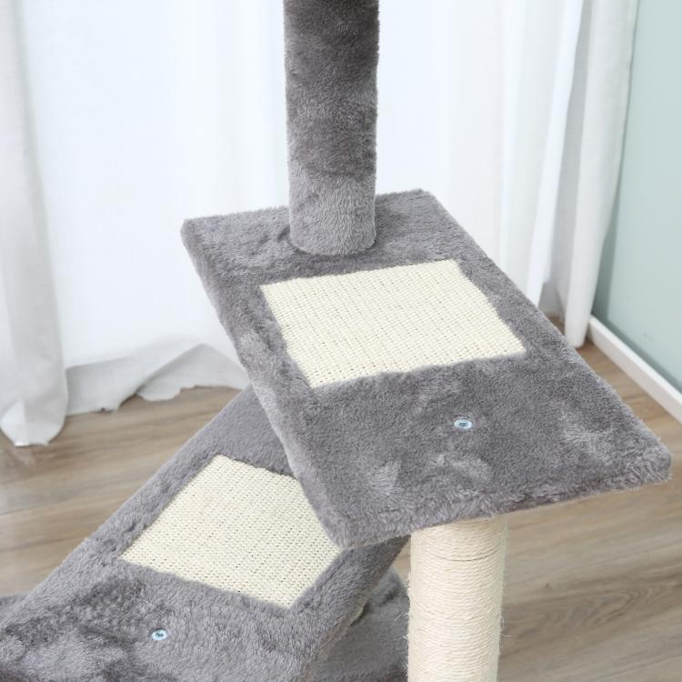 Grey cat climbing tower with two carpeted steps and central scratching post