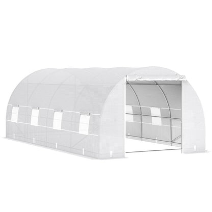 White walk-in tunnel greenhouse with zippered door and mesh panels