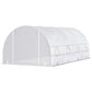 White tunnel greenhouse with arched cover, side door opening, and mesh panels