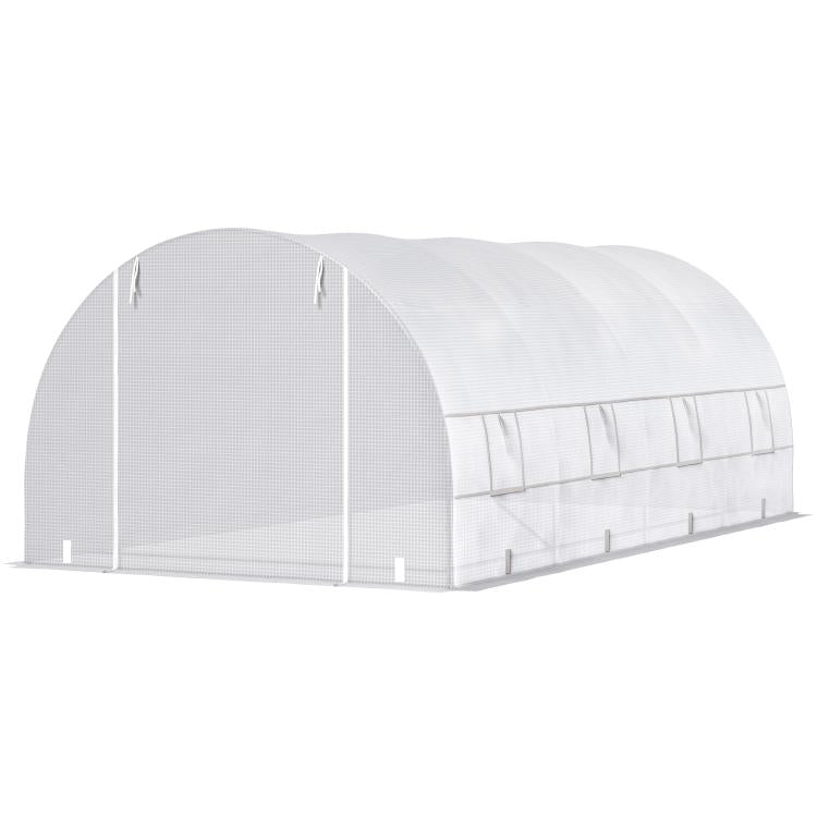 White tunnel greenhouse with arched cover, side door opening, and mesh panels