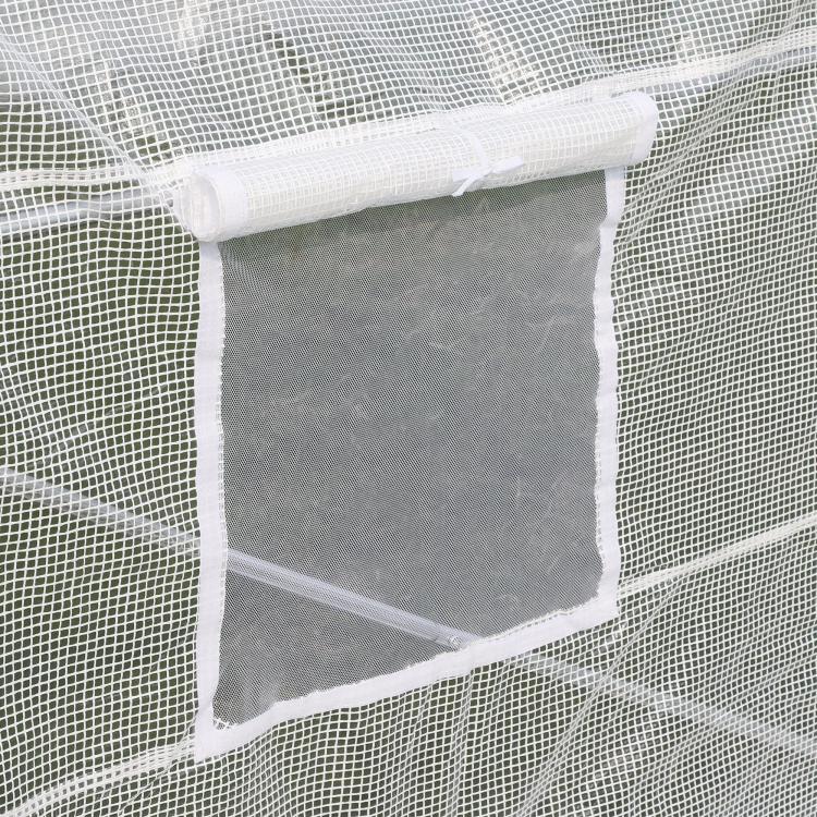 White mesh greenhouse window panel with gray fabric insert and frame