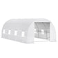 White walk-in tunnel greenhouse with open zippered door and mesh windows