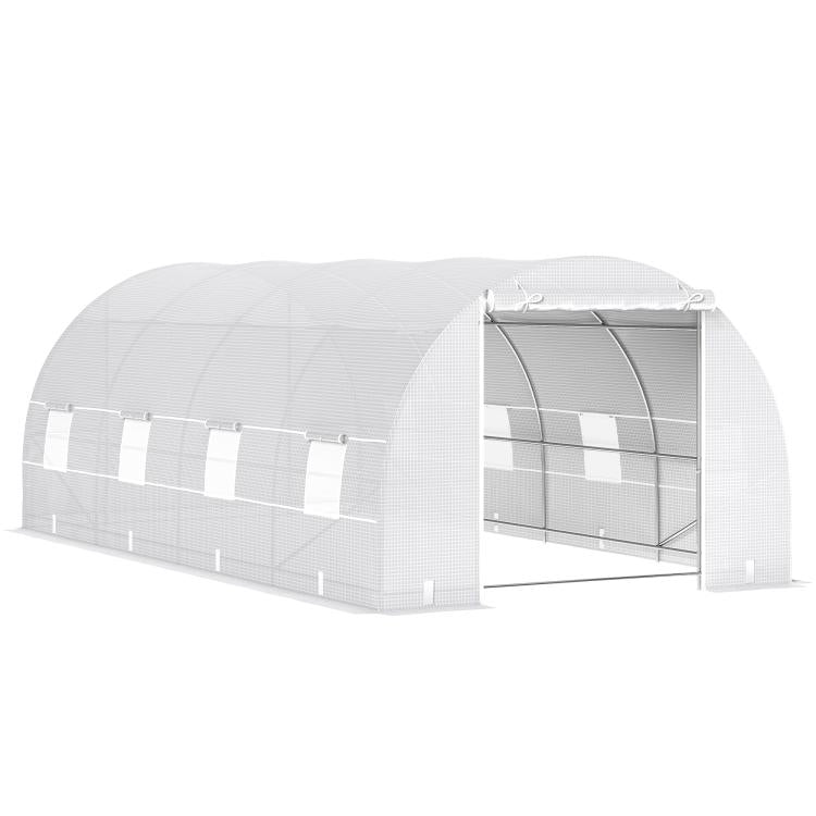 White walk-in tunnel greenhouse with open zippered door and mesh windows