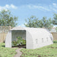 White tunnel greenhouse with zippered front door and mesh window panels