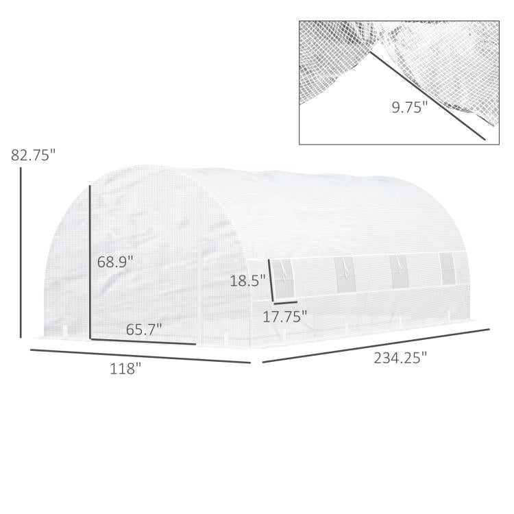 White tunnel greenhouse kit outline with arched cover and front door opening